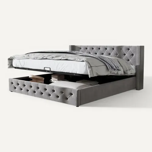Lit Coffre 140x190 Cm Avec Structure Hydraulique En Velours Gris avec rangement