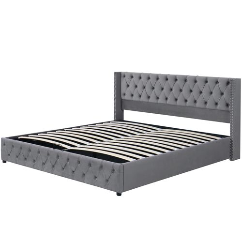 Lit Coffre 140x190 Cm Avec Structure Hydraulique En Velours Gris avec rangement