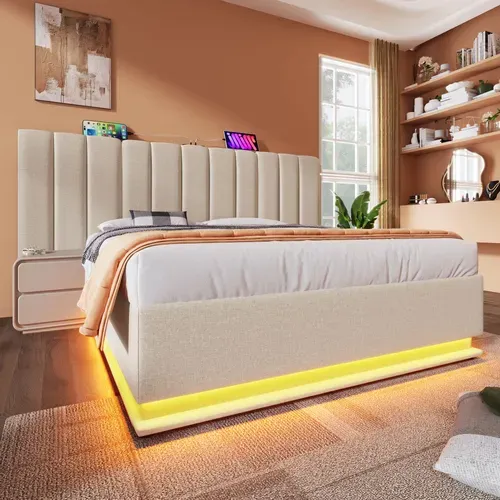 Lit Coffre 160x200 Cm Avec Structure Hydraulique Et Éclairage LED