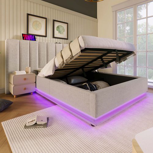 Lit Coffre 160x200 Cm Avec Structure Hydraulique Et Éclairage LED