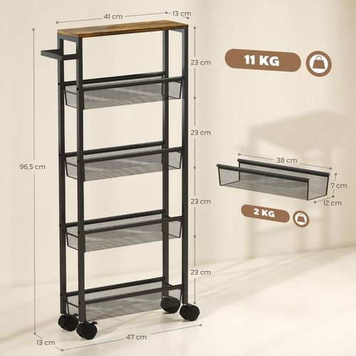 Desserte à Roulettes Noire 47 X 13 X 96,5 Cm Pour Cuisine Et Rangement