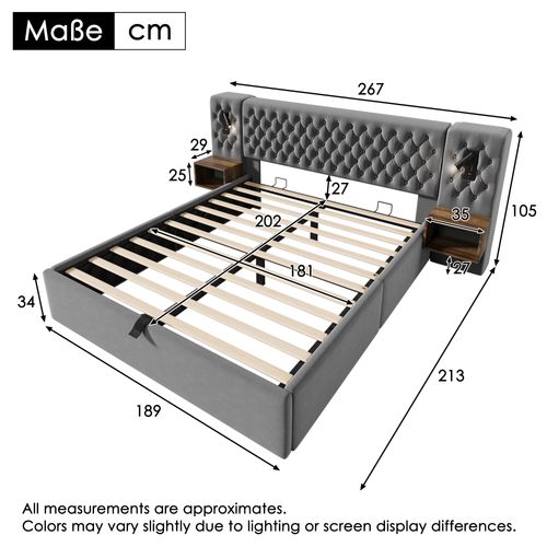 Lit Coffre 180x200 Cm Avec Structure En Velours Gris Avec Éclairage USB
