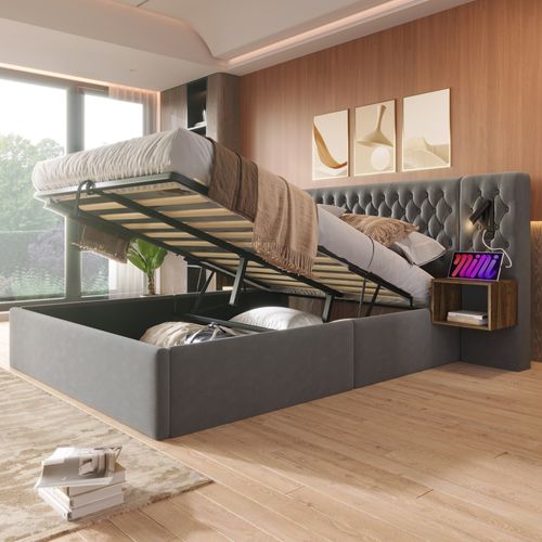 Lit Coffre 180x200 Cm Avec Structure En Velours Gris Avec Éclairage USB