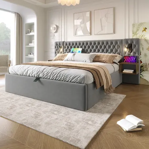 Lit Coffre 180x200 Cm Avec Structure En Velours Gris Avec Éclairage USB