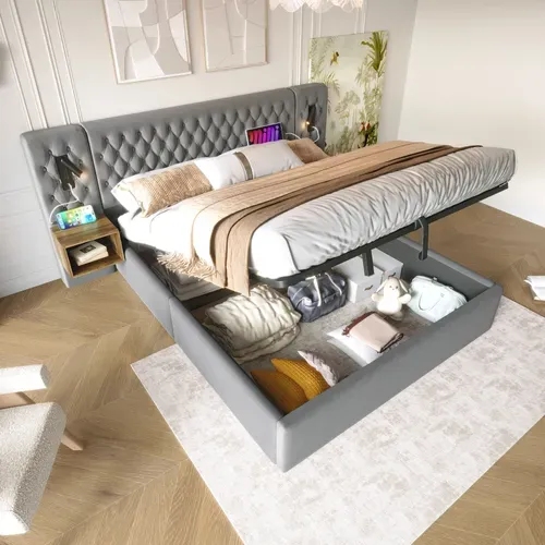 Lit Coffre 180x200 Cm Avec Structure En Velours Gris Avec Éclairage USB