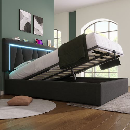 Lit Coffre 160x200 Cm Avec Structure Rembourrée Et éclairage LED
