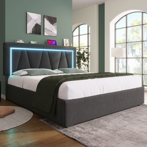 Lit Coffre 160x200 Cm Avec Structure Rembourrée Et éclairage LED