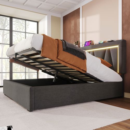 Lit Coffre 160x200 Cm Avec Structure Rembourrée Et éclairage LED