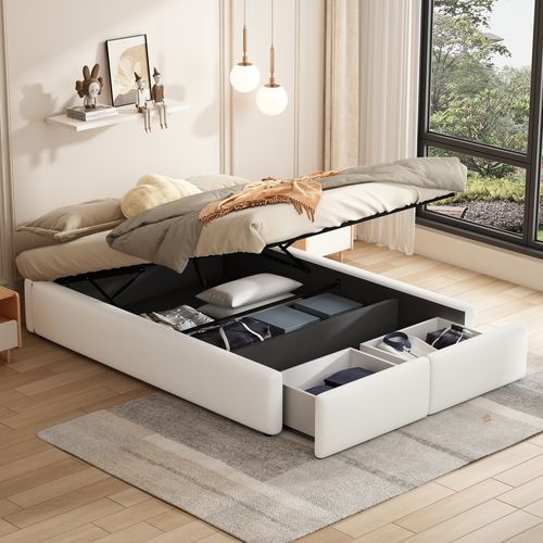 Lit Coffre 140x200 Cm En Tissu Lin-coton Blanc, Rangement Hydraulique Et 2 Tiroirs