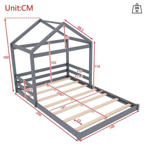 Lit Maison 140x200 Cm En Pin Et Mdf Gris, Forme Cabane Ludique, Lignes épurées, Montage Simple