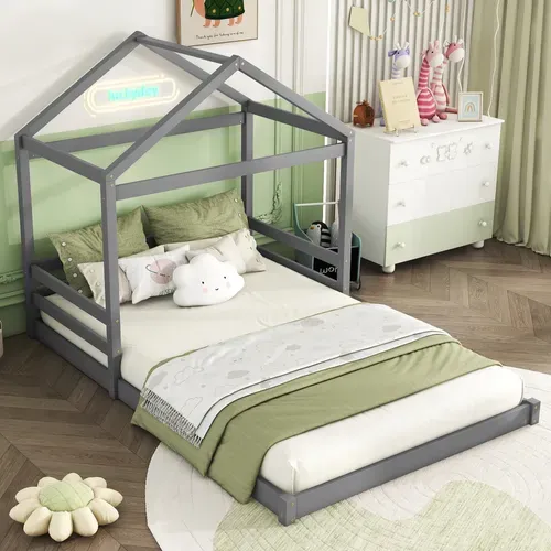Lit Maison 140x200 Cm En Pin Et Mdf Gris, Forme Cabane Ludique, Lignes épurées, Montage Simple