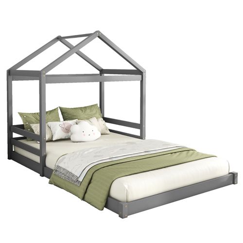 Lit Maison 140x200 Cm En Pin Et Mdf Gris, Forme Cabane Ludique, Lignes épurées, Montage Simple