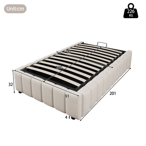 Lit Coffre 90x200 cm Hydraulique sans Tête de Lit avec Rangement en Lin Beige, Gain de Place