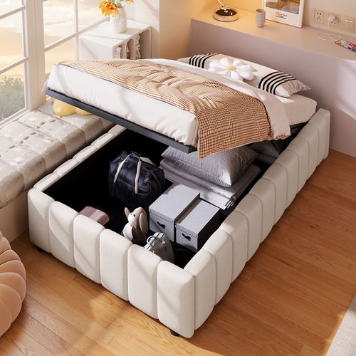 Lit Coffre 90x200 cm Hydraulique sans Tête de Lit avec Rangement en Lin Beige, Gain de Place