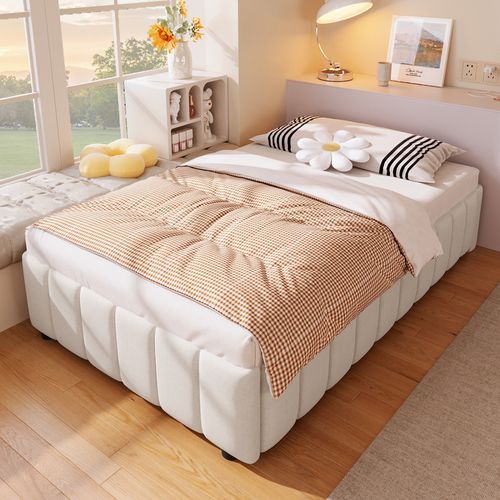 Lit Coffre 90x200 cm Hydraulique sans Tête de Lit avec Rangement en Lin Beige, Gain de Place