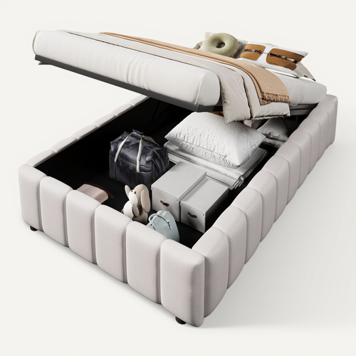 Lit Coffre 90x200 cm Hydraulique sans Tête de Lit avec Rangement en Lin Beige, Gain de Place