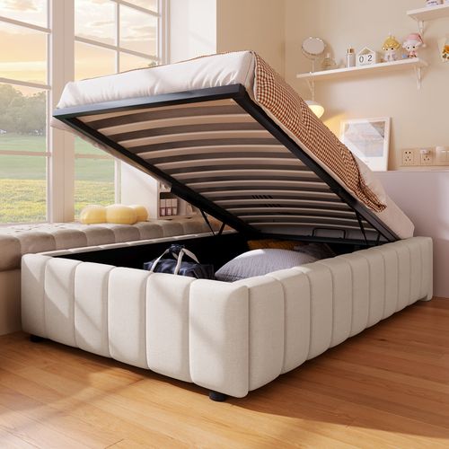 Lit Coffre 90x200 cm Hydraulique sans Tête de Lit avec Rangement en Lin Beige, Gain de Place