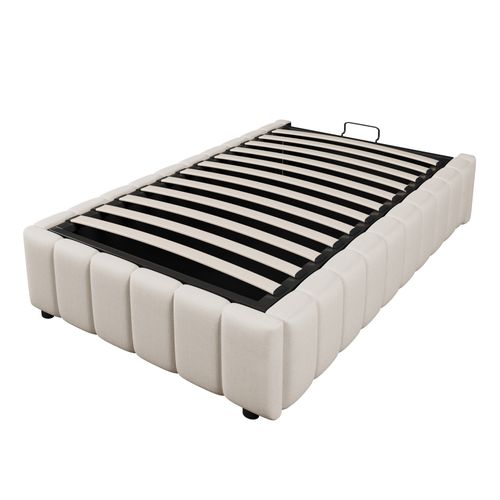 Lit Coffre 90x200 cm Hydraulique sans Tête de Lit avec Rangement en Lin Beige, Gain de Place