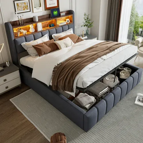 Lit Rembourré 180x200 Cm Avec Coffre De Rangement Et Éclairage LED