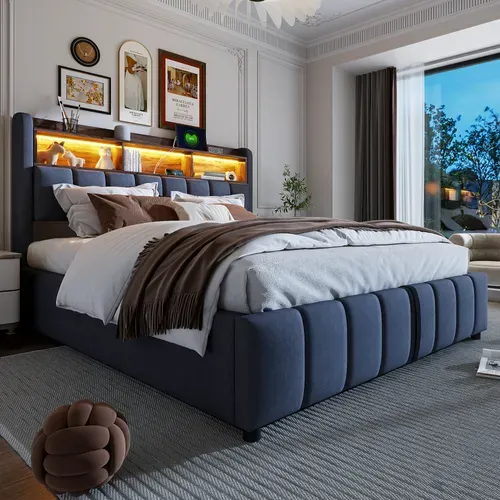 Lit Rembourré 180x200 Cm Avec Coffre De Rangement Et Éclairage LED