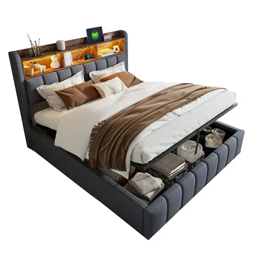 Lit Rembourré 180x200 Cm Avec Coffre De Rangement Et Éclairage LED