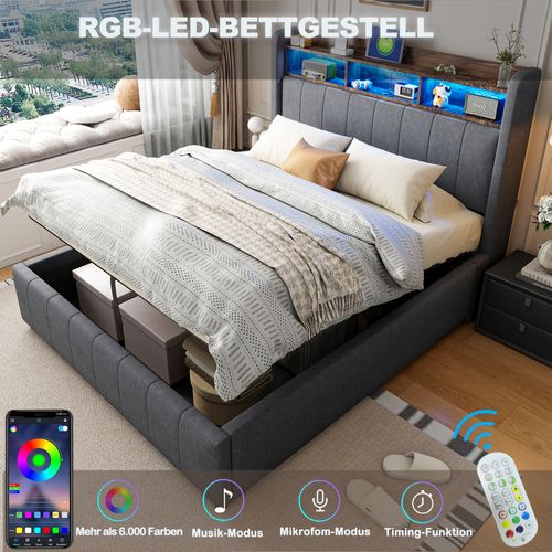 Lit Rembourré 180x200 Cm Avec Coffre De Rangement Et Éclairage LED