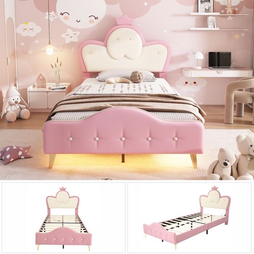 Lit Enfant 90x200 Cm Avec Structure En Pu Et Bande LED Monochrome