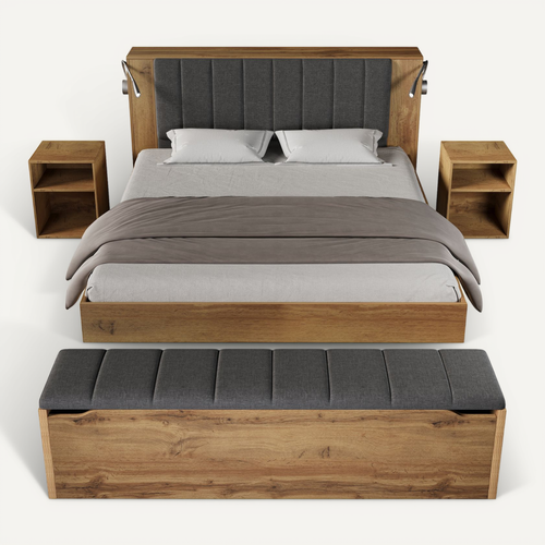 Lit Double 180x200 Cm Avec Cadre En Fer Structure En Bois Aspect Chêne