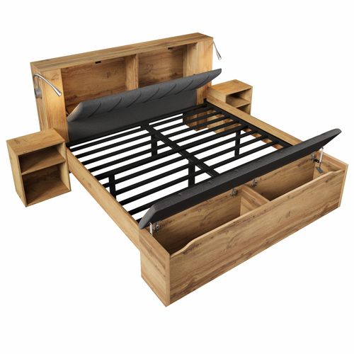 Lit Double 180x200 Cm Avec Cadre En Fer Structure En Bois Aspect Chêne