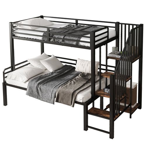 Lit Superposé 90x200 Cm Et 120x200 Cm Avec Échelle D'angle Et Rangement