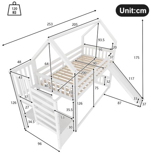 Lit superposé 90x200 Cm Avec Structure En Bois Et Échelle De Rangement
