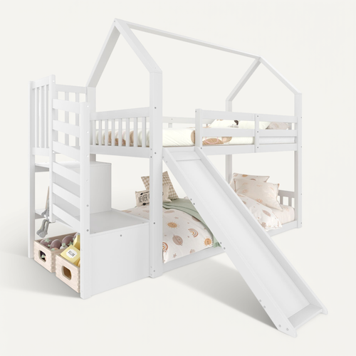 Lit superposé 90x200 Cm Avec Structure En Bois Et Échelle De Rangement