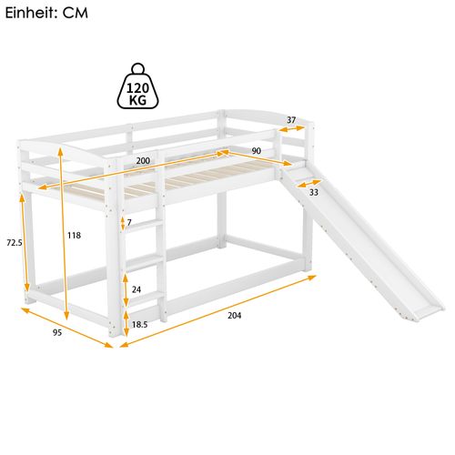 Lit Superposé 90x200 Cm Avec Cadre En Bois Massif Et Toboggan