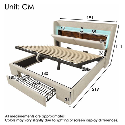 Lit Coffre 180x200 Cm Avec Sommier Relevable Tête De Lit Avec LED Et Ports USB/usb-c