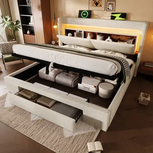 Lit Coffre 180x200 Cm Avec Sommier Relevable Tête De Lit Avec LED Et Ports USB/usb-c