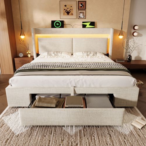 Lit Coffre 180x200 Cm Avec Sommier Relevable Tête De Lit Avec LED Et Ports USB/usb-c