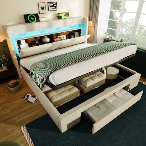 Lit Coffre 180x200 Cm Avec Sommier Relevable Tête De Lit Avec LED Et Ports USB/usb-c