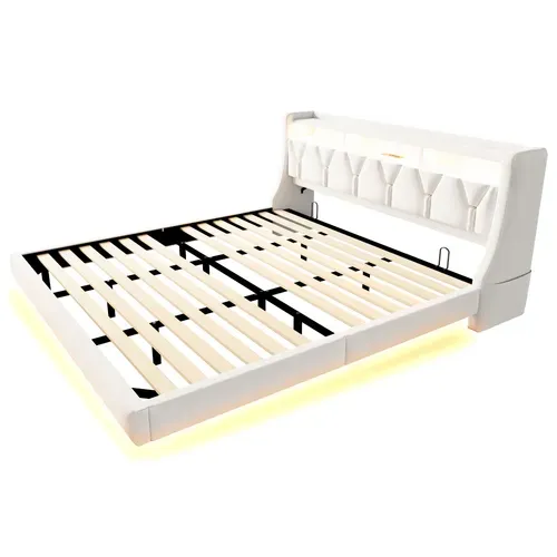 Lit Rembourré 180x200 Cm Avec Tête De Lit Rabattable Et Rangements Beige