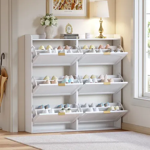 Meuble à Chaussures 120 Cm Avec 6 Compartiments Abattants, Blanc