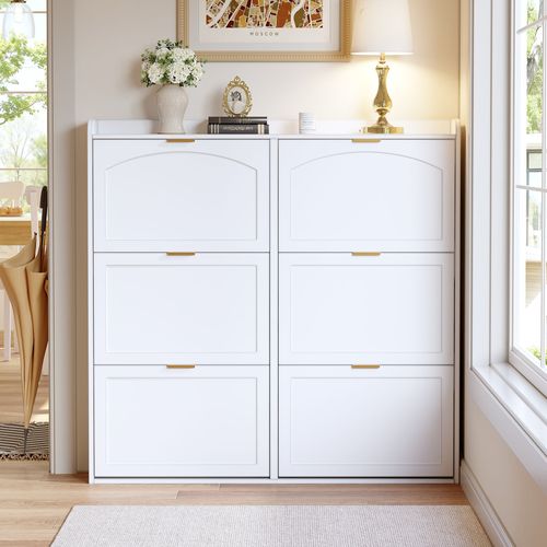 Meuble à Chaussures 120 Cm Avec 6 Compartiments Abattants, Blanc