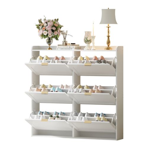 Meuble à Chaussures 120 Cm Avec 6 Compartiments Abattants, Blanc