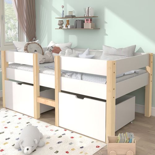 Lit Enfant 90x190 Cm En Bois Massif Avec Tiroir Et Protection Contre Les Chutes