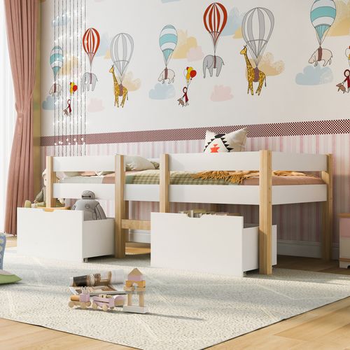 Lit Enfant 90x190 Cm En Bois Massif Avec Tiroir Et Protection Contre Les Chutes