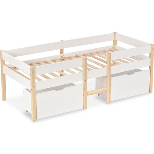 Lit Enfant 90x190 Cm En Bois Massif Avec Tiroir Et Protection Contre Les Chutes