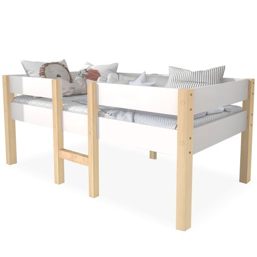 Lit Enfant Semi-hauteur 90x200 Cm Avec Protection Contre Les Chutes En Bois Massif Blanc Et Chêne