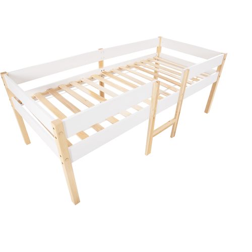 Lit Enfant Semi-hauteur 90x200 Cm Avec Protection Contre Les Chutes En Bois Massif Blanc Et Chêne