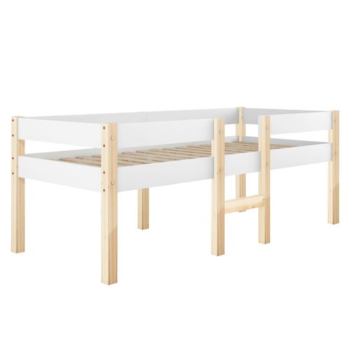Lit Enfant Semi-hauteur 90x200 Cm Avec Protection Contre Les Chutes En Bois Massif Blanc Et Chêne