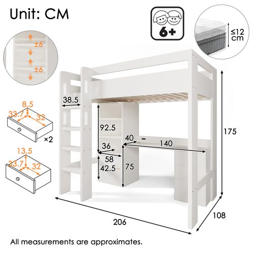 Lit Loft 90x200 Cm Avec Bureau USB, Rangement Et échelle