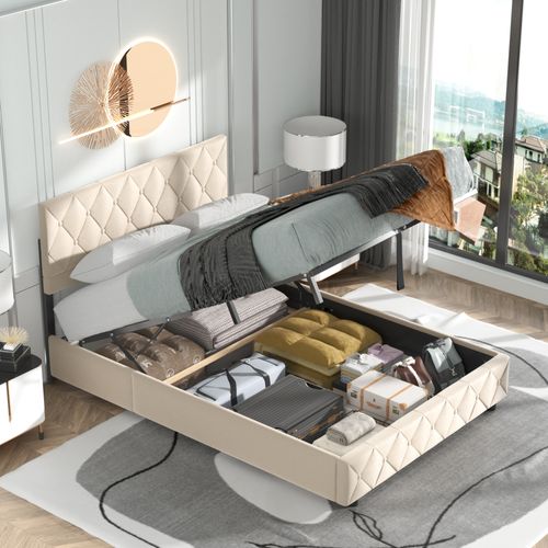 Lit Coffre OKMYHOME 140x200 – Charge USB-C + Induction – Tête De Lit Rangement – Sommier Lattes – Gris Capitonné