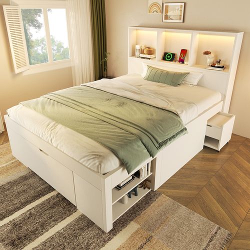 Lit Simple 90x200 Cm Avec Tiroir De Rangement Et Chevet Mobile Blanc